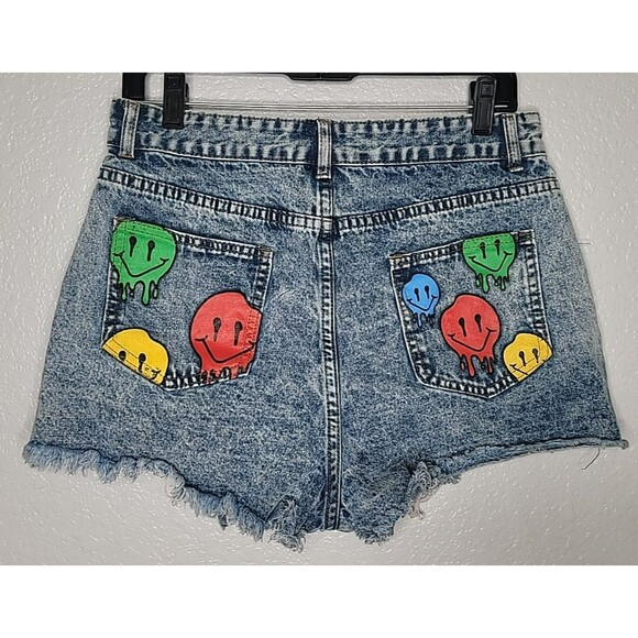 Happy Smiley Face Denim Jean Distressed Cut Off Shorts Size Large Music Festival - Picture 1 of 13